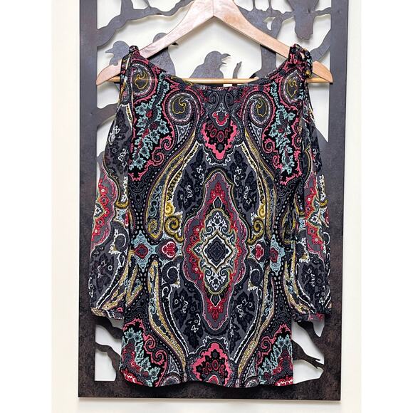 Inc. Cold Shoulder Multicolor Beaded Scoop Neck Blouse Petite Medium Top - Picture 2 of 6